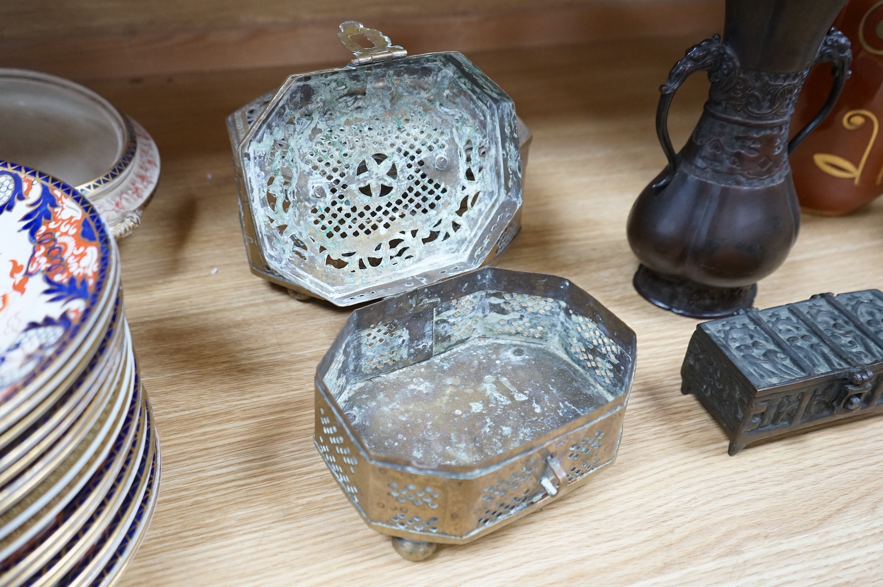 A Japanese archaistic bronze vase, seal mark to base, together with two Indian brass Paan boxes and a Medieval revival bronze casket, tallest 26cm